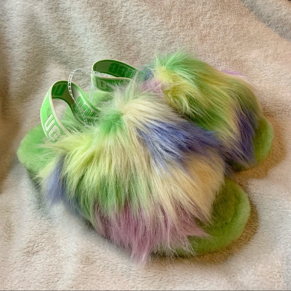 Ugg fluff yeah tie dye fur slides platform slippers size 6 green - Picture 2 of 12